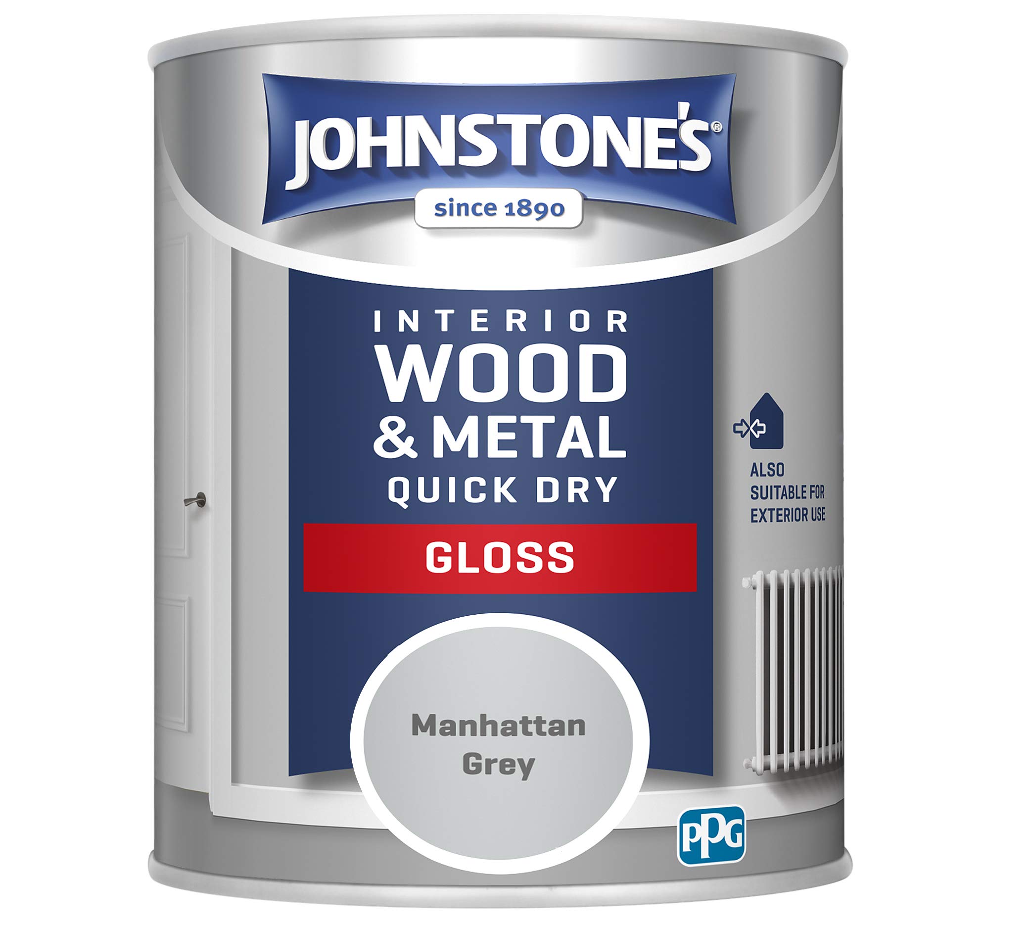 Johnstone's Manhattan Grey Johnstone’s - Quick Dry & Non Drip Gloss Paint For Wood & Metal - | Interior & Exterior | Low Odour, Water-Based Formula, Dry In 1-2 Hours | 10M2 Coverage Per Litre | 750Ml