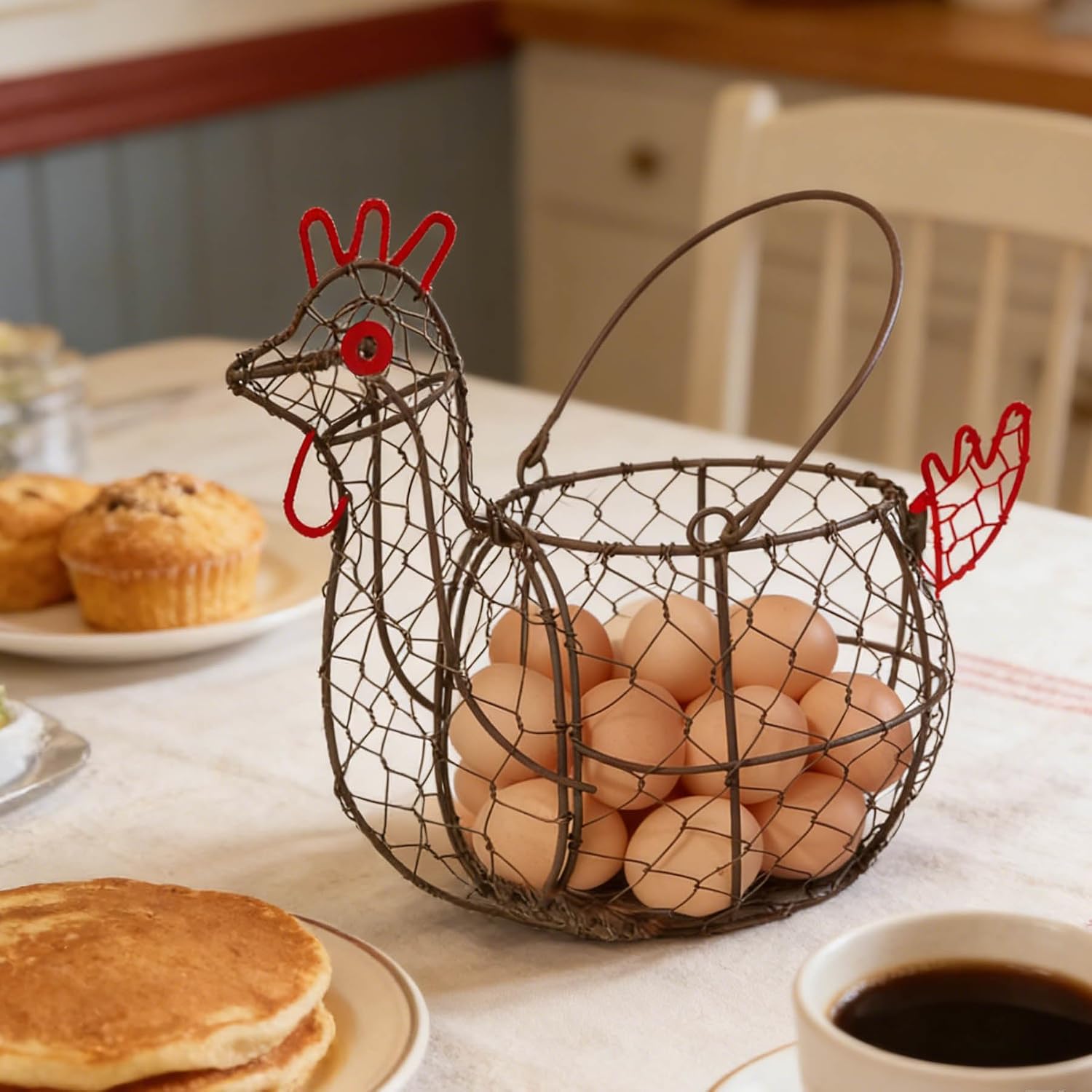 Rustic Wire Egg Basket with Handle, Rooster Chicken Shaped | Metal Construction, Holds 15-30 Eggs, Farmhouse Countertop Decor, Chicken Coop, Easter and Gift
