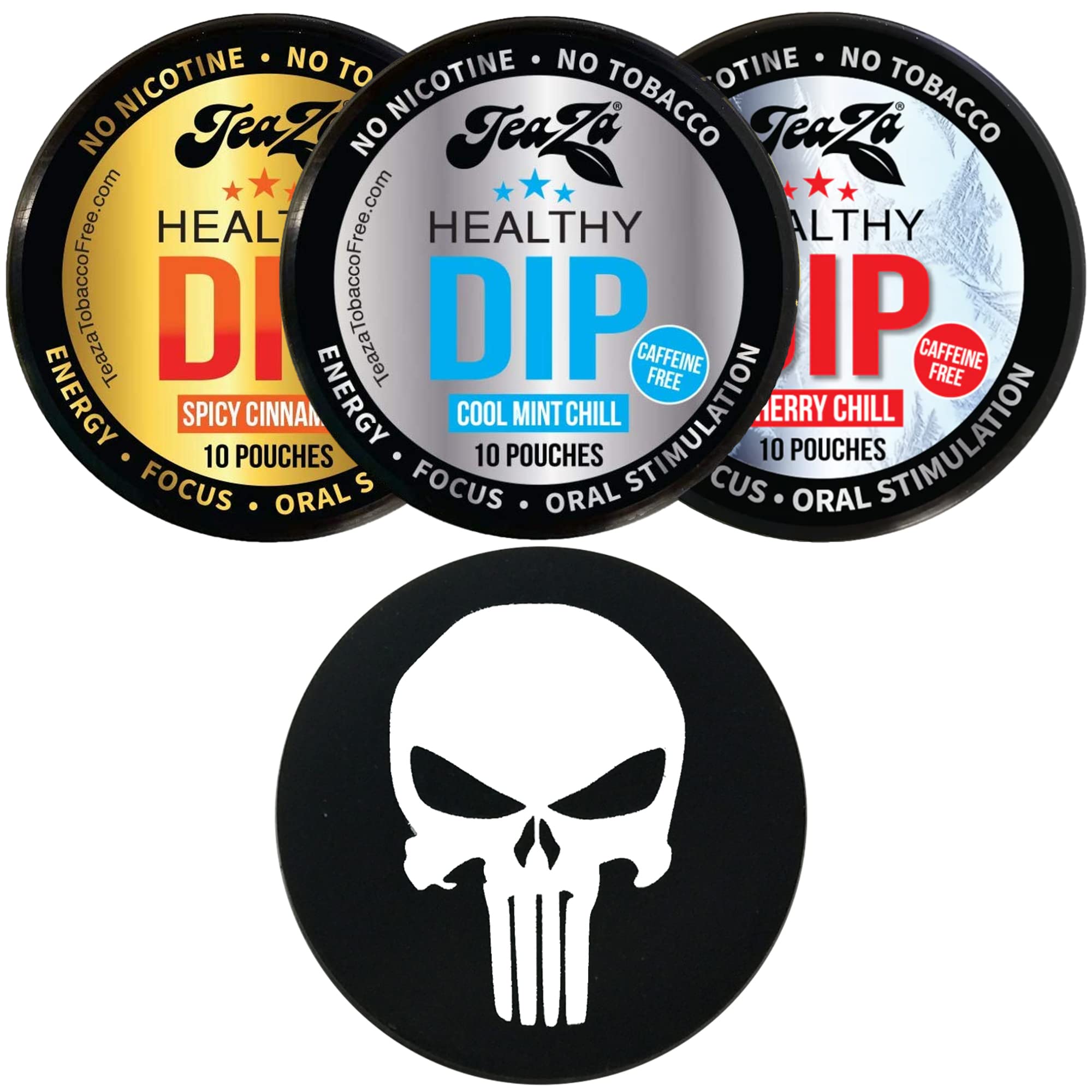 TeaZaHerbal Pouch Cool Mint, Cinnamon, Cherry Chill 3 Can Variety Pack with DC Crafts Nation Skin Can Cover - Skull