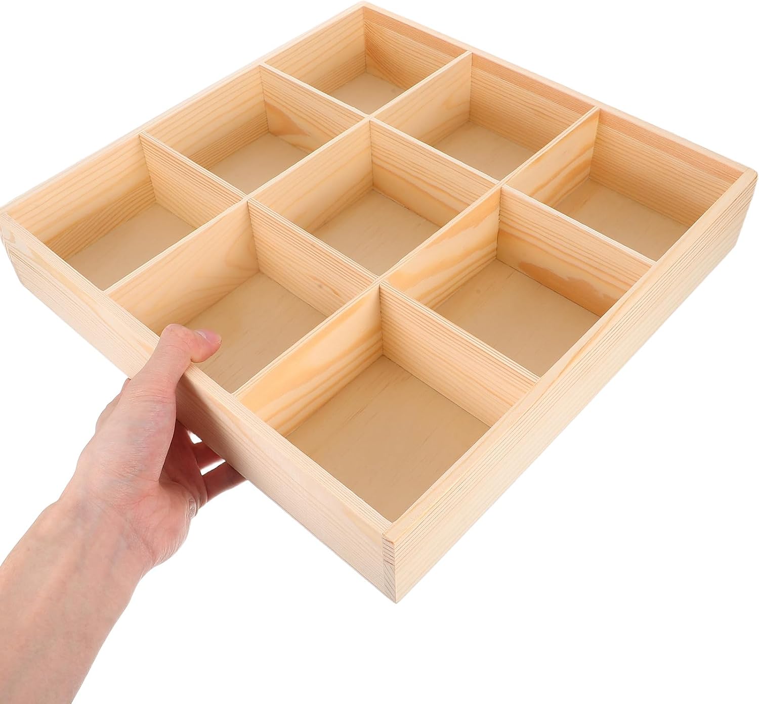 Cabilock Wooden Drawer Organizer Tray with 9 Compartments, Clothing and Sock Storage Divider, Closet and Dresser Organizer for Underwear, Ties, and Accessories, Natural Wood Finish