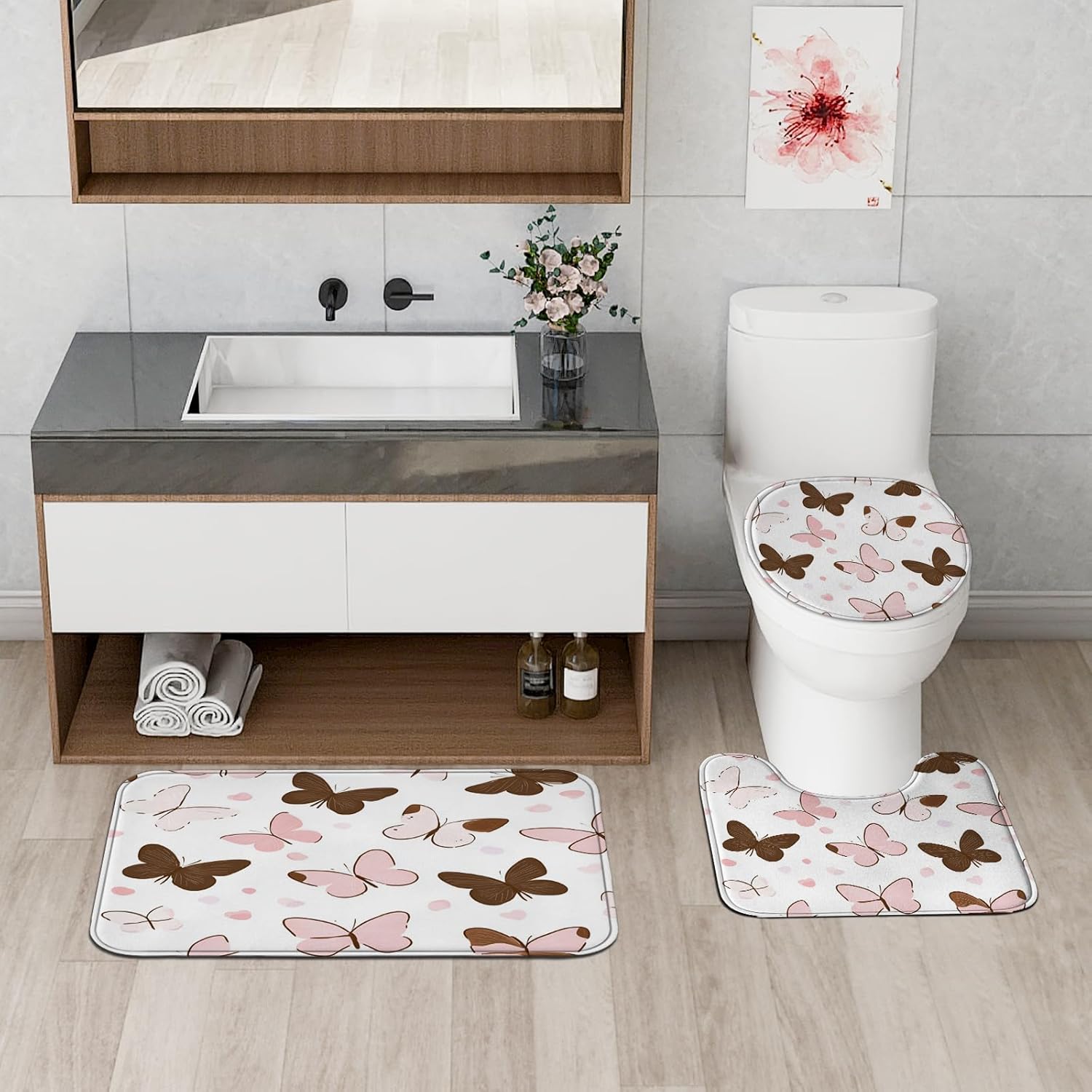 4PCS Peach Cute Butterflies Bathroom Accessory Sets with Non-Slip Rug, U Shape and Toilet Lid Cover Mat, Cute Fun Kids Bathroom Curtain Fabric Decor-72''x72''