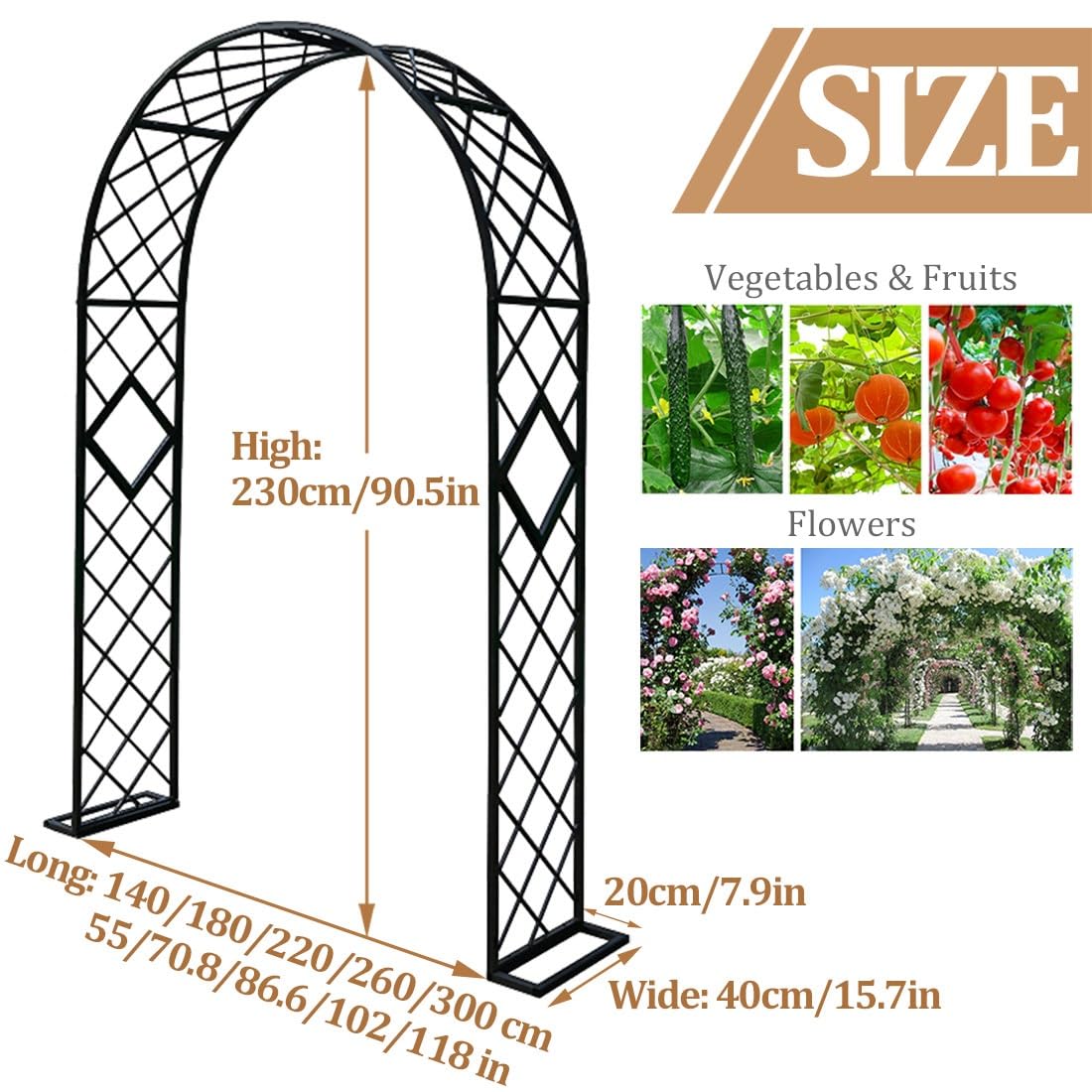 230 cm metalowy łuk ogrodowy, solidna stalowa altana do roślin pnących, pergola na zewnątrz, dekoracje ślubne, czarna kratka ogrodowa (szer. 180 x wys. 230 cm)