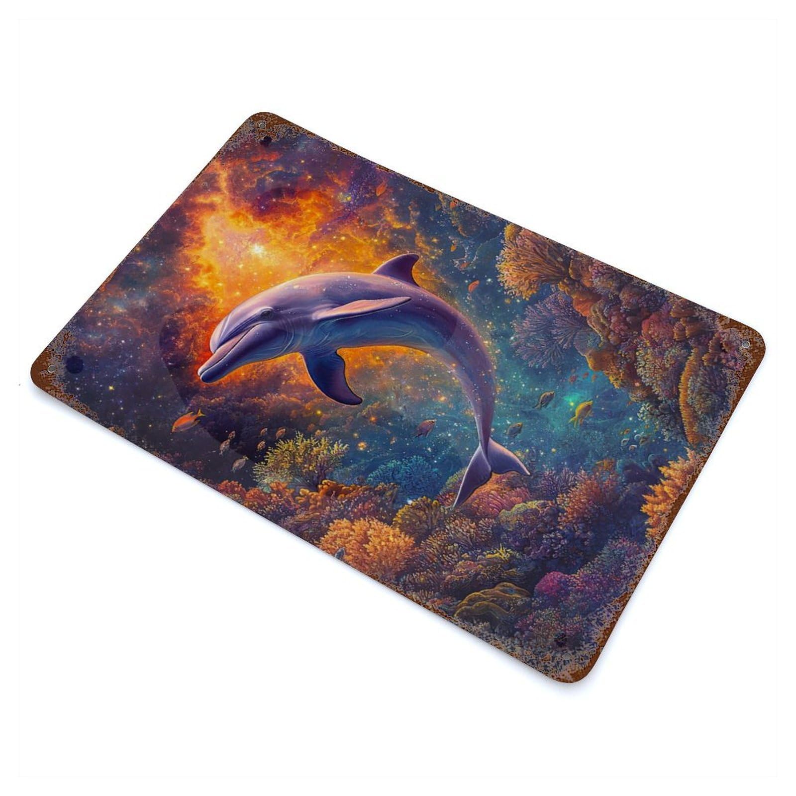 Dolphin in Space Aged Metal Wall Plaque 11.8"x7.9", Industrial Home Decor for Pub, Kitchen And Man Cave Decor