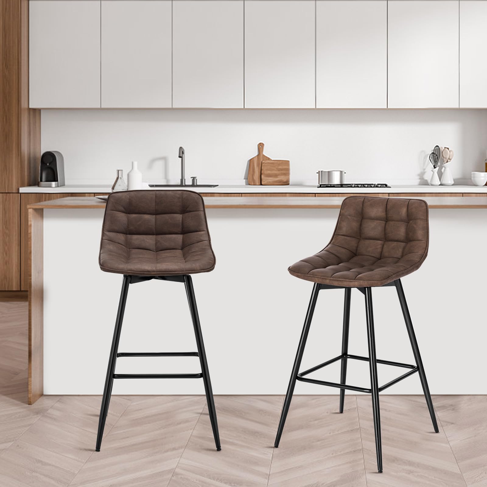 WOLTU 4 X Tabouret de Bar Bistro Chaise de Bar Assise rembourrée en Similicuir avec Pieds et Repose-Pieds en métal,Brun BH249br-4