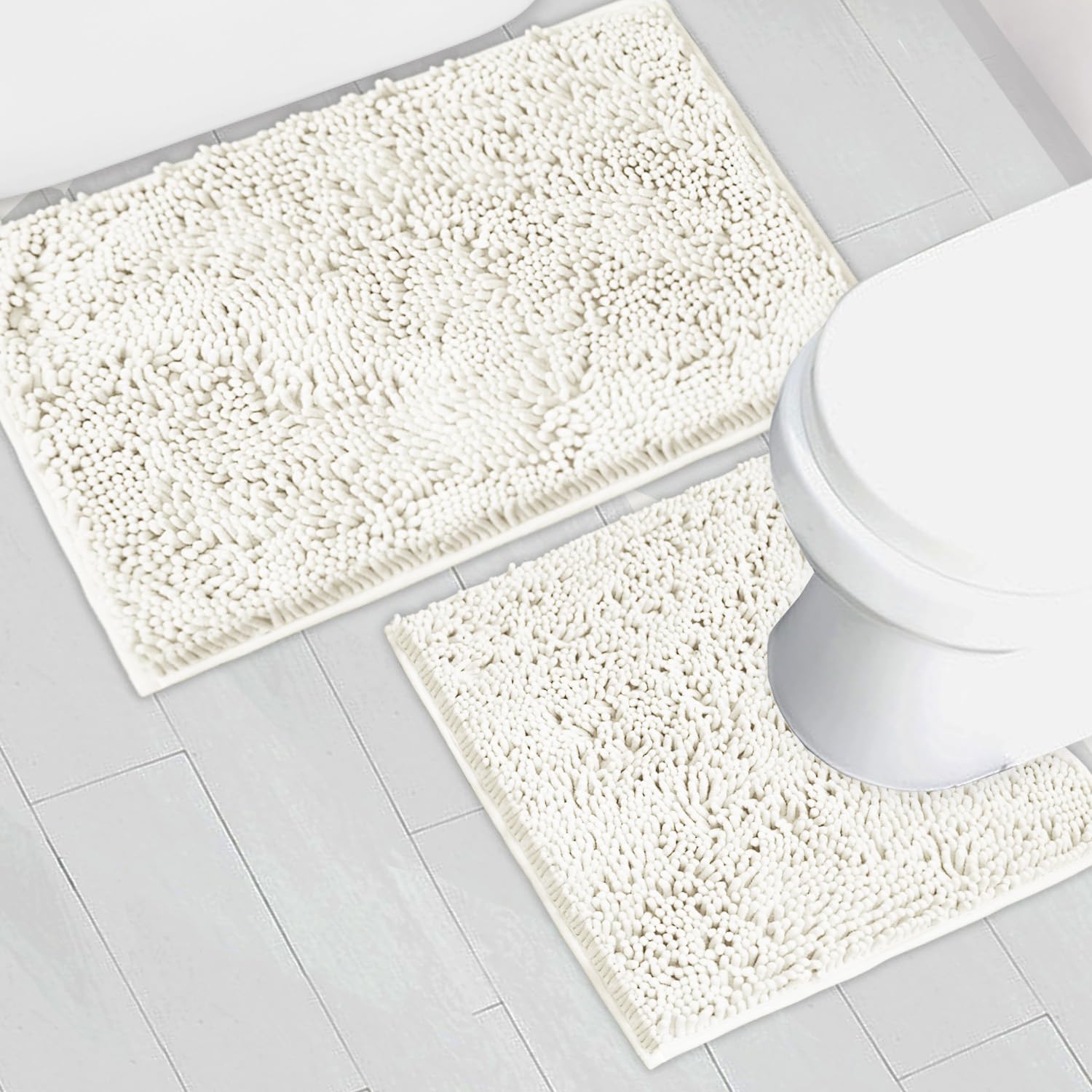 Photo 1 of AINAHYVA Bathroom Rugs Chenille Bath mat 2 Piece Set, Super Absorbent, Strong PVC Non Slip Backing, Bath mats for Bathroom, Plush Shaggy, Thick, Machine Washable, Bathtub, Shower, Toilet.(White)