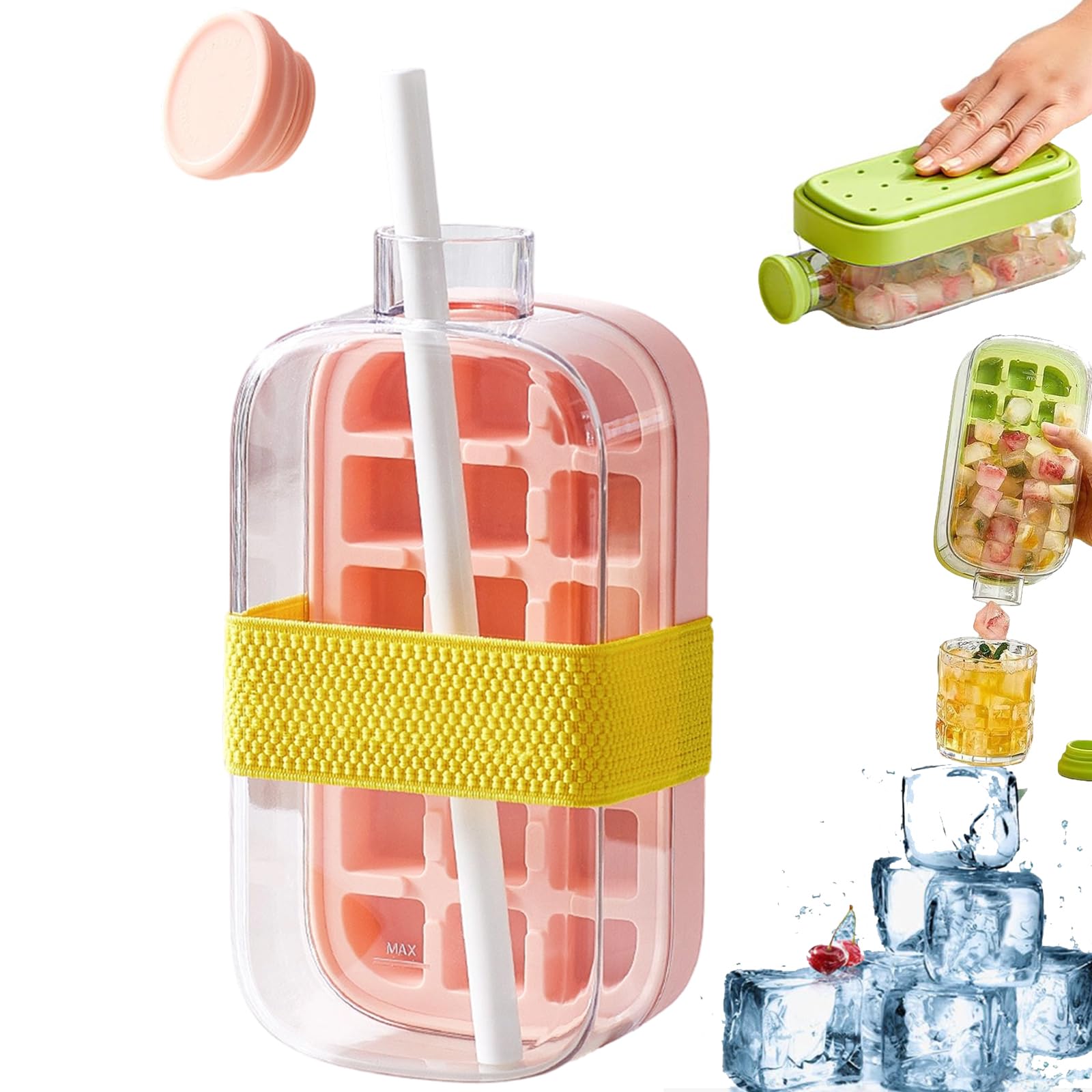 Ice Cube Bottle with Straw, 12/18 Grid Easy Press Release Ice Tray with Straw & Anti-Slip Strap, 2 in 1 Ice Cube Mould Cup with Lid and Bin, for Freezer, Coffee, Summer Drinks (Pink, 18grids)
