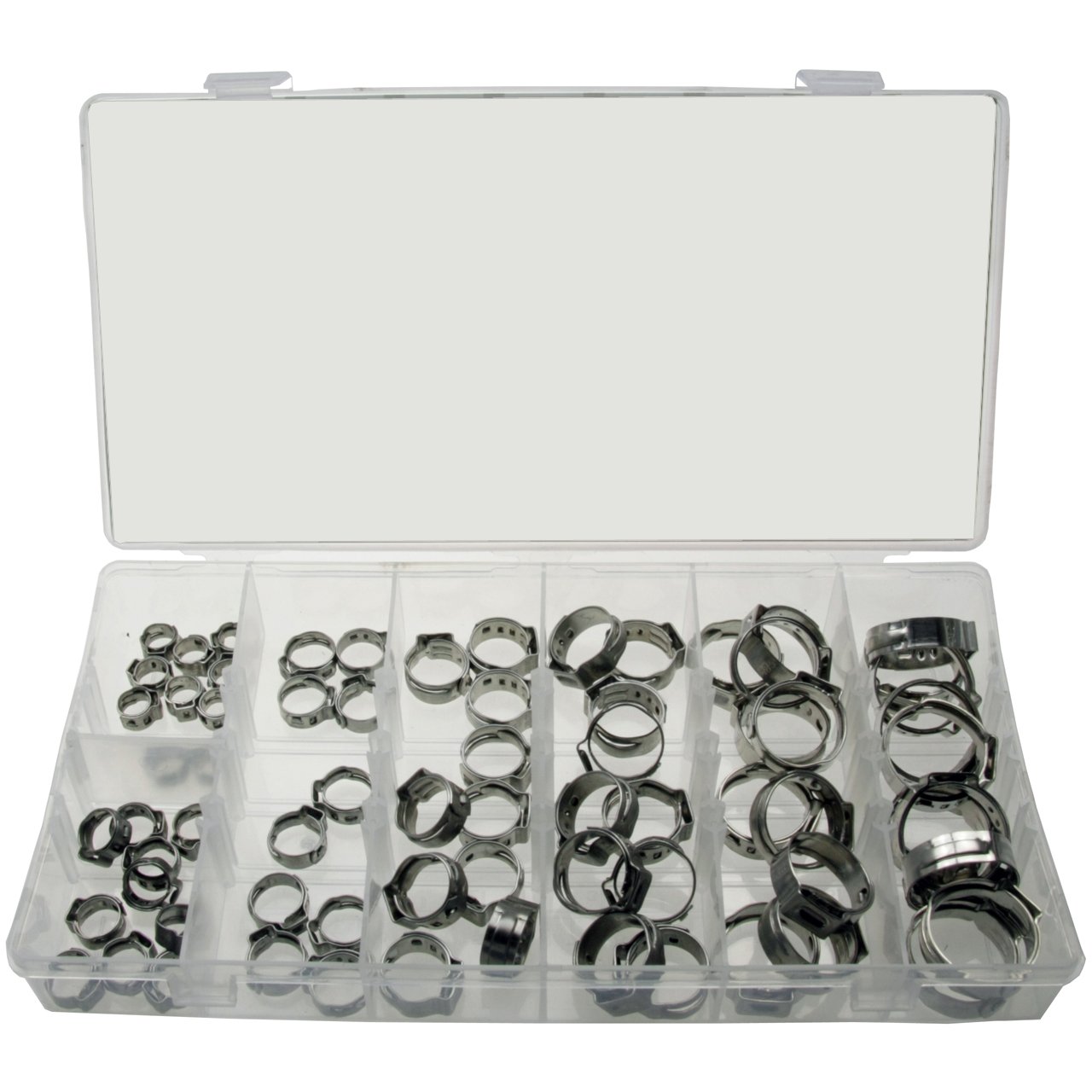 ALKAN 1-Ohr-Klemmen Mini-Schlauchschellen Klemmschelle 1-Ohr-Klemmen Leitungsschelle Schlauchklemmen Ein-Ohr-Klemmen Satz aus EDELSTAHL 6-21mm 70-tlg. + 1 x Schlauchklemmenzange Schlauchschellenzange