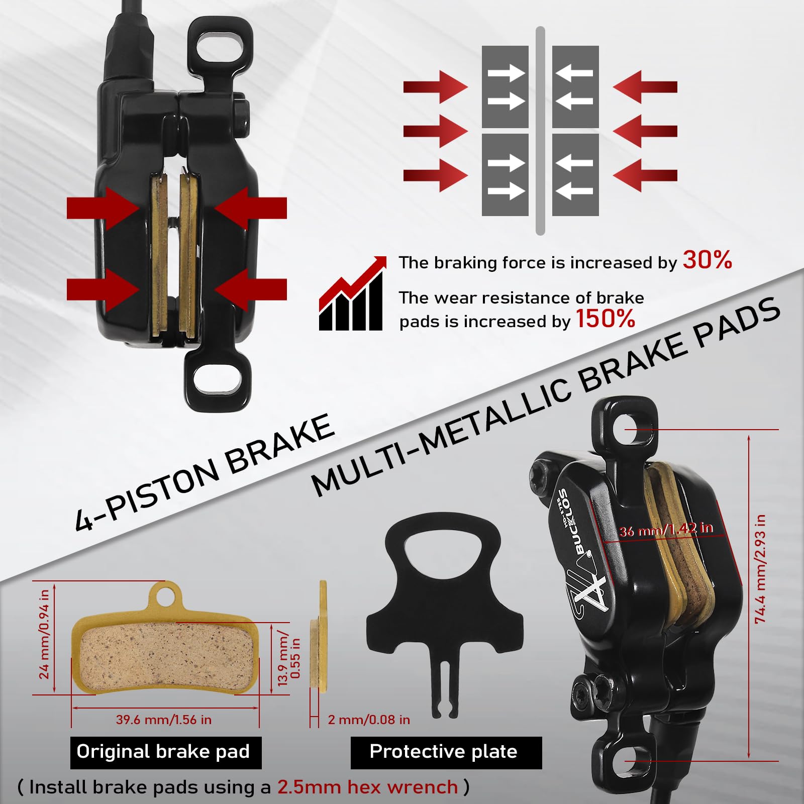 Set di freni a disco idraulici a 2 pin, 4 pistoni, parte anteriore sinistra 1150 mm, posteriore destra 1950 mm, lega di alluminio, per mountain bike, scooter, mountain bike (pre-Bled)