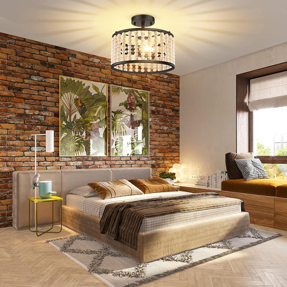 Amerykańska lampa sufitowa w stylu retro do sypialni, 12,6 cala, boho, na korytarz, werandę, z kutego żelaza, z litego drewna, odpowiednia do kuchni, balkonu, hotelu, miejsc komercyjnych