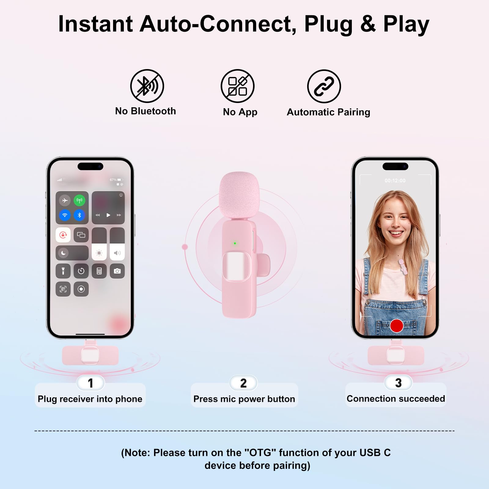 PoP voice Wireless Lavalier Microphone for iPhone/Android - Mini Clip-On Mic with Noise Cancellation, 65ft Range, 12H Battery, Lapel Mic for Record Video, Podcast Vlog Content Creator Interview: Pink