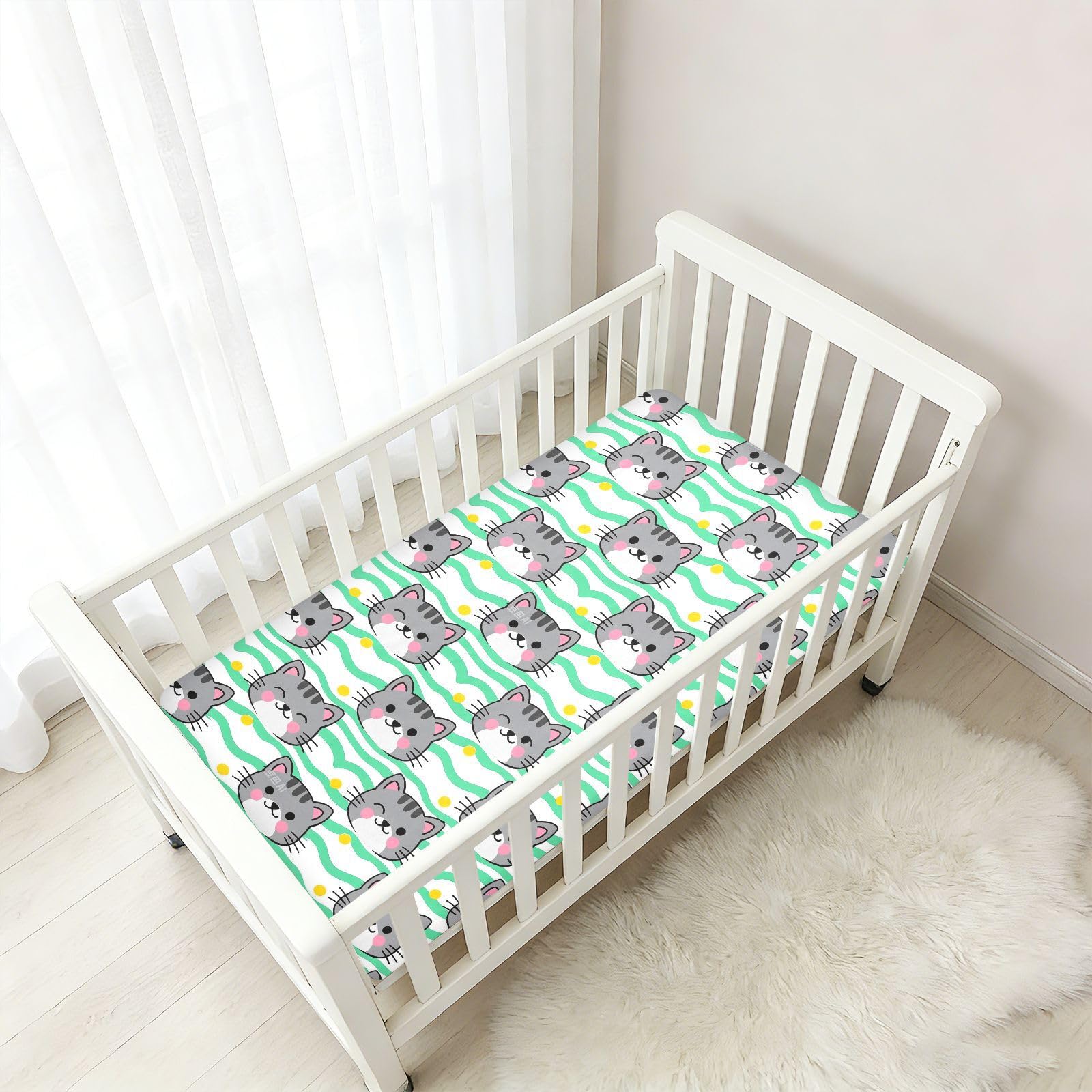 Sábanas para cuna de bebé de dibujos animados de gato gris para niños y niñas, sábana suave de algodón para cuna de niño y niña, para decoración de guardería, 1 paquete de cuna de acolchonado