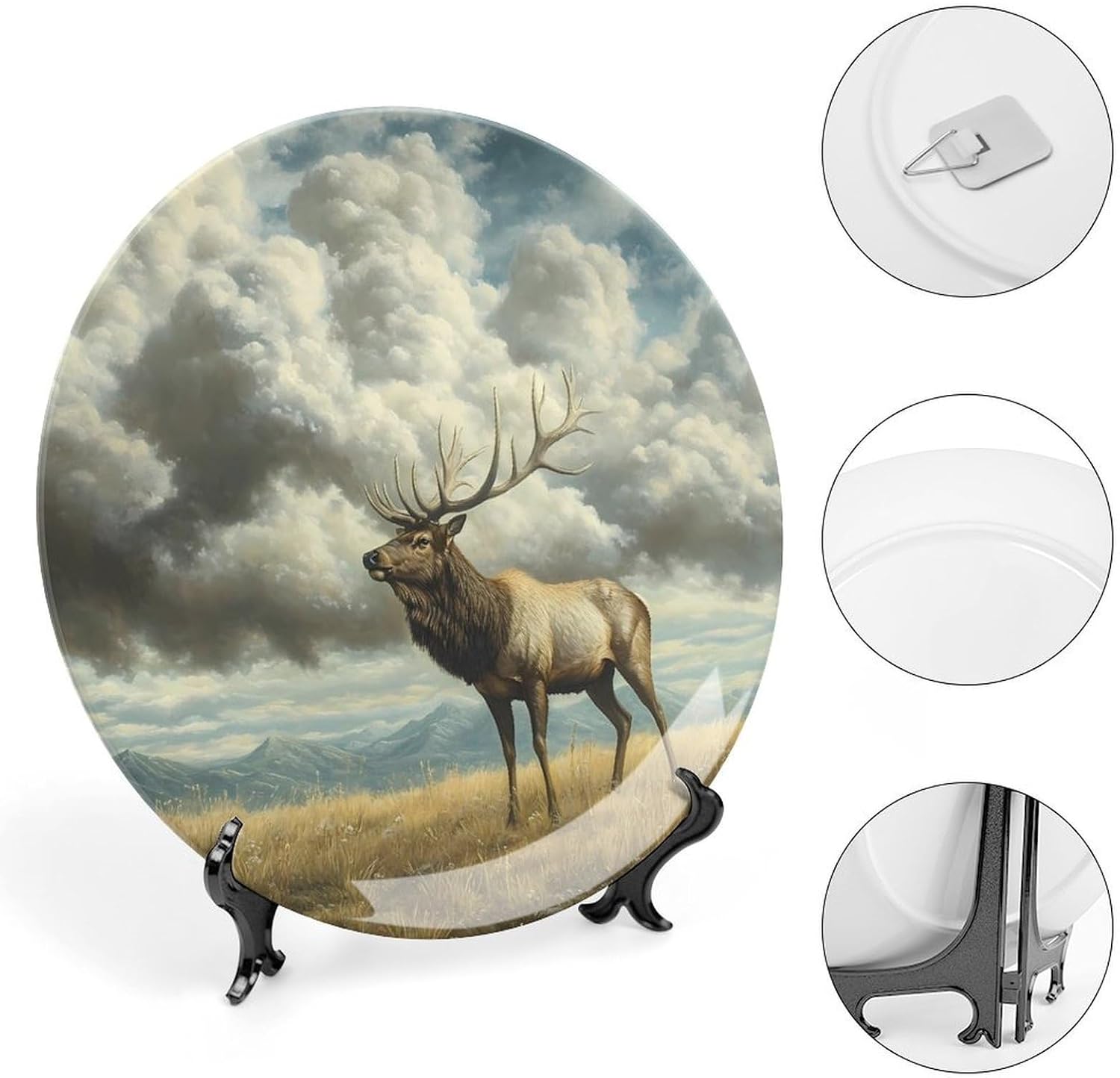 Deers Alpine Grassland Cumulus Clouds Decorative Plates for Display Ceramic Plate Tray with Stand Hanger Home Decor