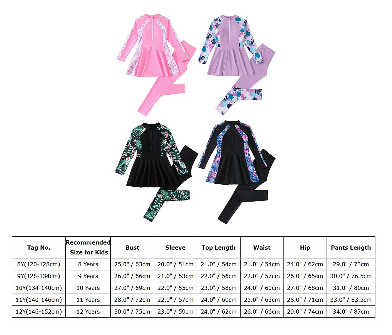 IMEKIS Costume da bagno musulmano per ragazze e bambine, a maniche lunghe, con stampa tropicale, 2 pezzi, costume da bagno modesto per età da 8 a 12 anni