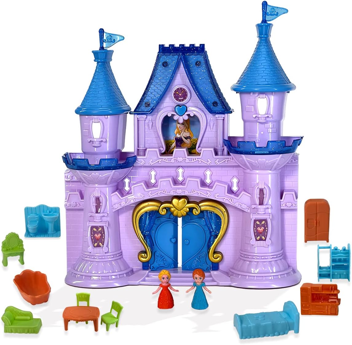 Castle Light Up and Music Princess Playset Childrens Doll House Fairy Princess Castle Toy 2 Princess Figures, Play House with Furniture Accessories