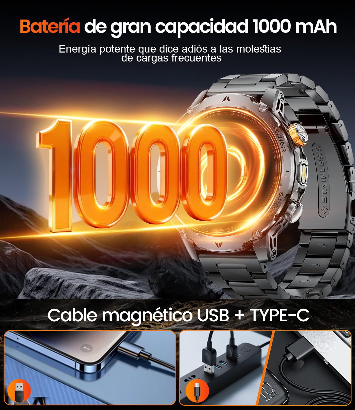 Reloj Inteligente Hombre con 1000 mAh/Linterna/Llamada Bluetooth, 1,7'' Smartwatch Militar con 110+ Modos Deportivos, IP68 Impermeable, Frecuencia Cardíaca, Android iOS, 3 Pulseras+2 Cargadores,EF24-F