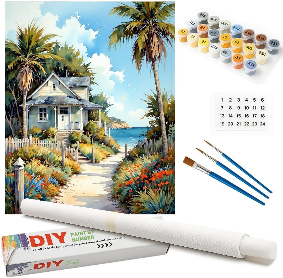 Beach House Paint by Numbers Kit for Adults - DIY Coastal Cottage Path with Palms Painting on Rolled Canvas 16x20 Inches, Acrylic Paint Set, Suitable for Beginners, Art for Home Decoration or Gifts