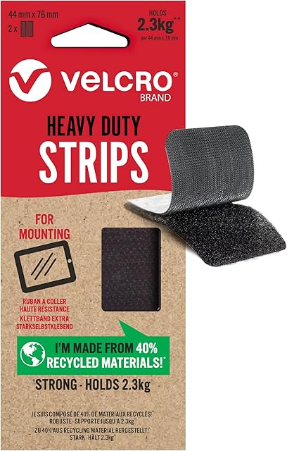 VELCRO Brand | Eco Heavy Duty Strips | Extra Strong Self Adhesive Sticky Strips Perfect for Room Décor & Home, Office, Garage Use | Black | 44mm x 76mm | Set of 2