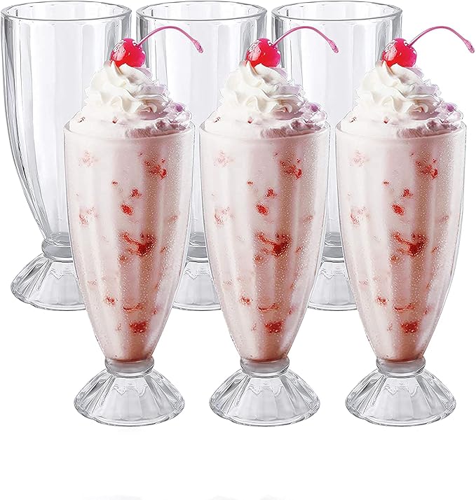 Cedilis 6 Pack Milkshake Glass with 6 Long Metal Spoons,Old Fashioned Soda Glasses, Fountain Classic Glass for Ice Cream, Clear, 12oz