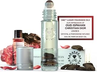 CMD Luxury Fragrance Perfume Oil Pheromones Infused, Roll On, Oud Ispahan Inspired, Natural Tigers Eye Crystal Rollerball, EDP Body Oil Roller, Unisex Gift Men & Women .34oz 10mL Travel Size