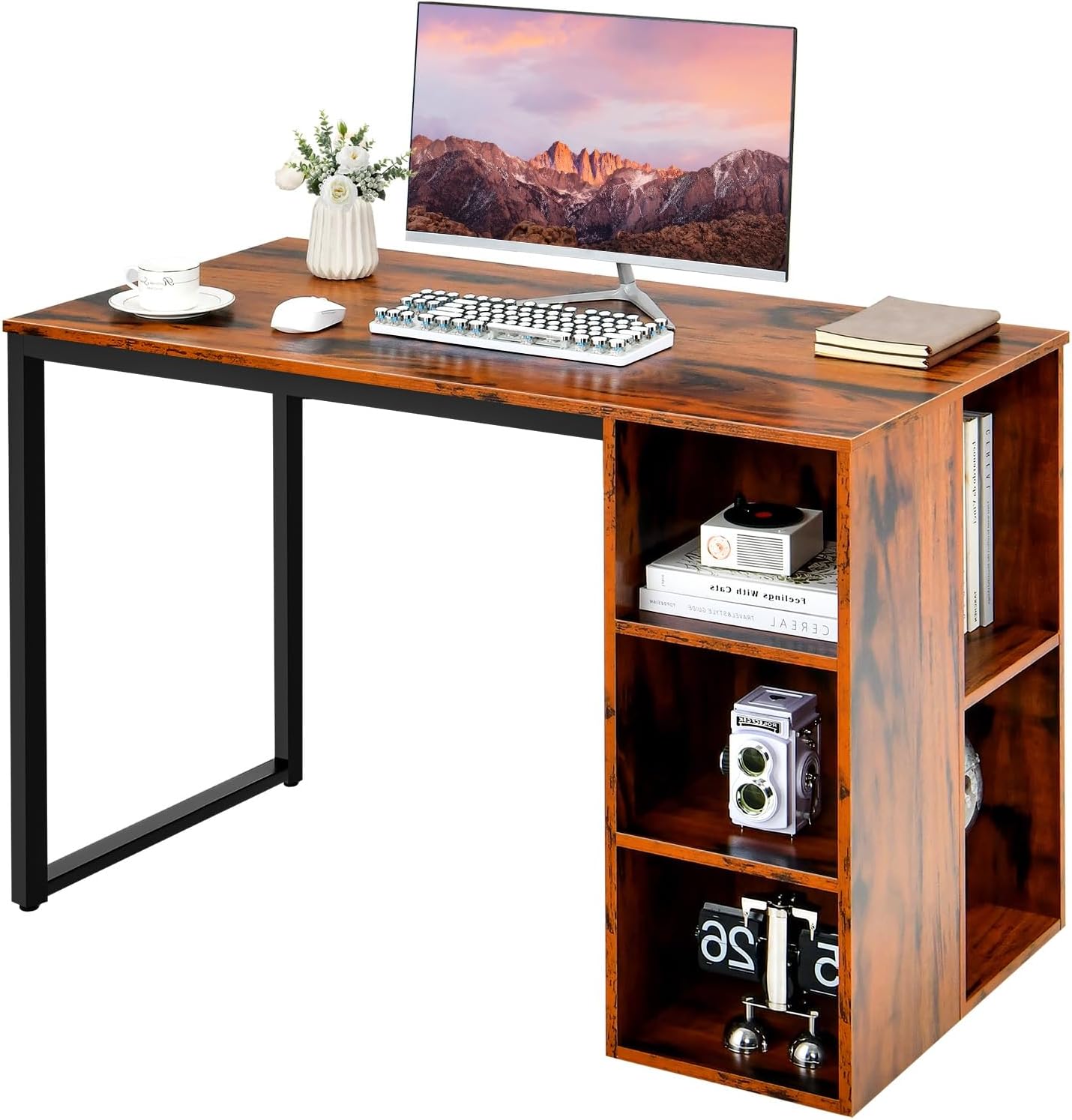 Computer Desk with Bookshelf, Study Writing Desk with 5 Cubes, Adjustable Foot Pads & Metal Frame, Wooden Home Office Desk for Living Room & Study
