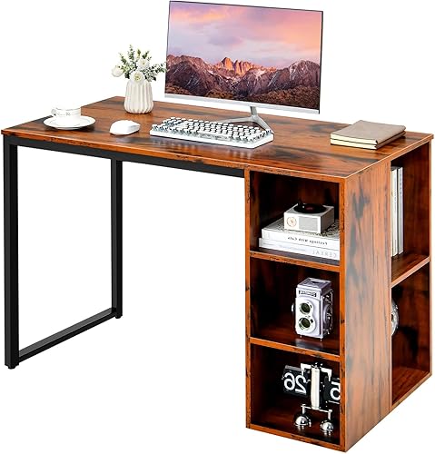 Escritorio para computadora con estantería, escritorio de estudio con 5 cubos, almohadillas ajustables para pies y marco de metal, escritorio de