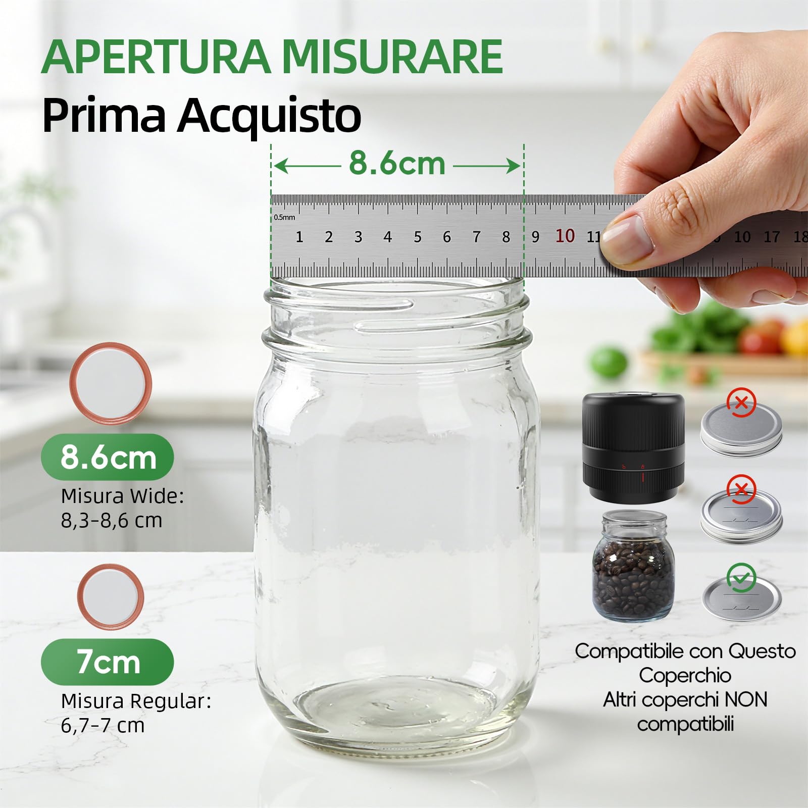Elctrtici Mason Jar Vacuum Sealer, Macchina Sottovuoto per Barattoli Vetro, Kit Sigillatore Sottovuoto Elettrico per Barattoli da Muratore, Conservazione Alimenti, Nero (Versione Aggiornata)