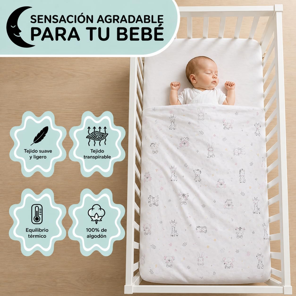 Juego 3 Sabanas Cuna 60x120 100% Algodon con Sabana Bajera Transpirable Ajustable Lavable + Encimera y Funda Almohada Suave Pack Descanso de Bebes y Recien Nacidos Diseño Animalitos Chupetero Regalo