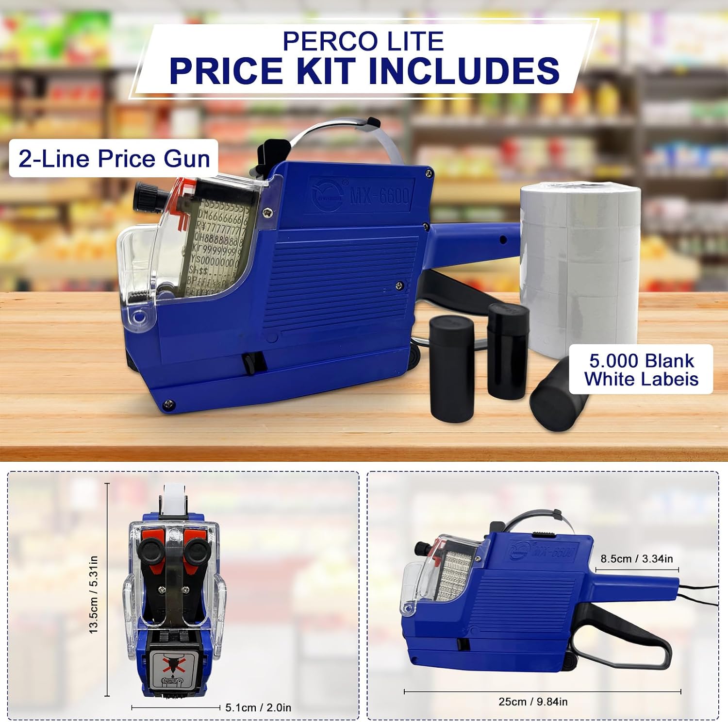 Condition photo showing New/Like New for mx-6600 pricing tag gun, 2 line 20 bit pricing sticker gun, labeler-sticker maker machine,label maker kit:1 price label printer machine, 5 roll labels, 3 ink rolls(blue)