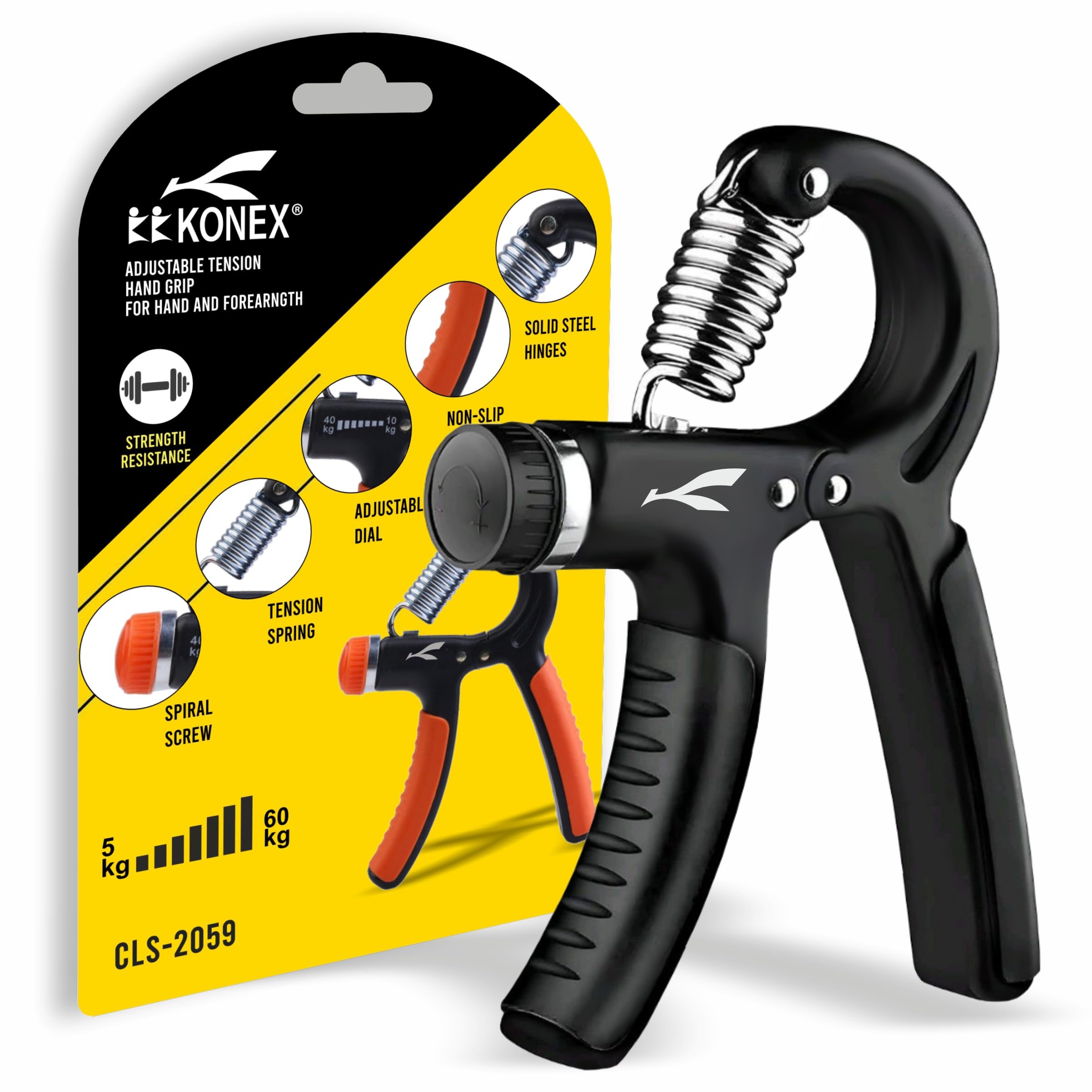 Konex Adjustable Hand Gripper | 5–60 Kg Resistance | Anti-Slip Grip Hand Strengthener | Ideal for Forearm, Wrist & Finger Workout Equipment for Home & Gym Training (Black)