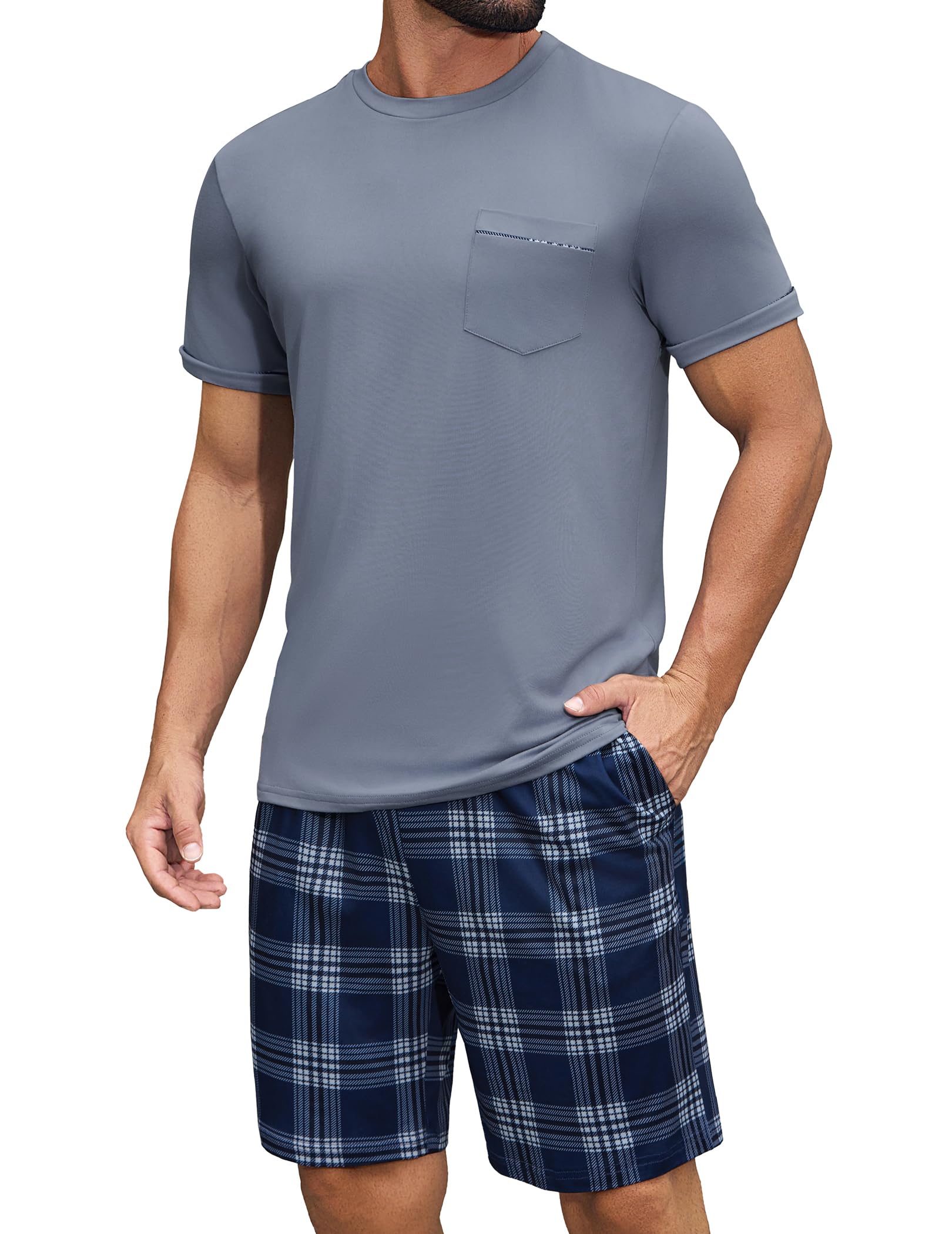 Ekouaer Schlafanzug Herren Kurz Pyjama Set Shorty Zweiteiliger Kurzarm Schlafanzüge mit Taschen Nachtwäsche Sommer