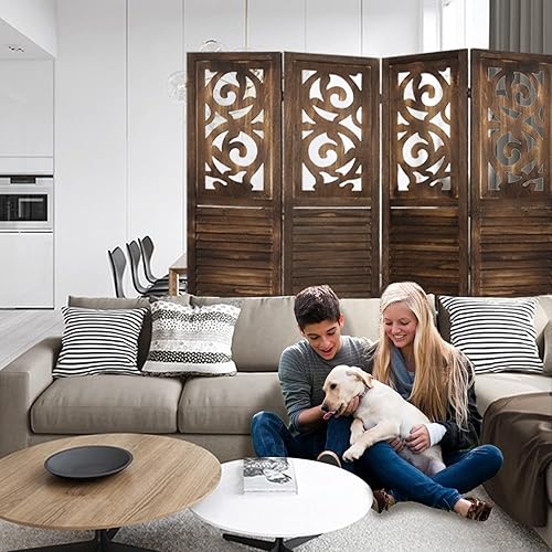 Miniatura 5 de ECOMEX Divisor de habitación tallado de 4 paneles de madera de 5.6 pies, pantallas plegables, separadores de habitación para dormitorio, oficina,