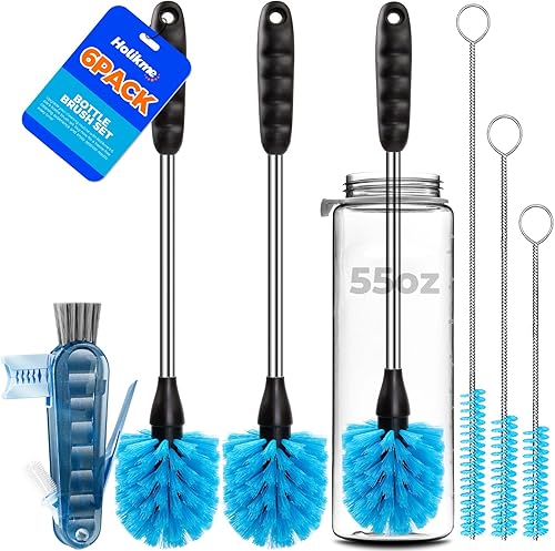 Holikme Juego de 6 cepillos, limpiador de acero inoxidable de mango largo de 14 pulgadas, 3 cepillos para pajillas, cepillo de limpieza 4 en 1 para