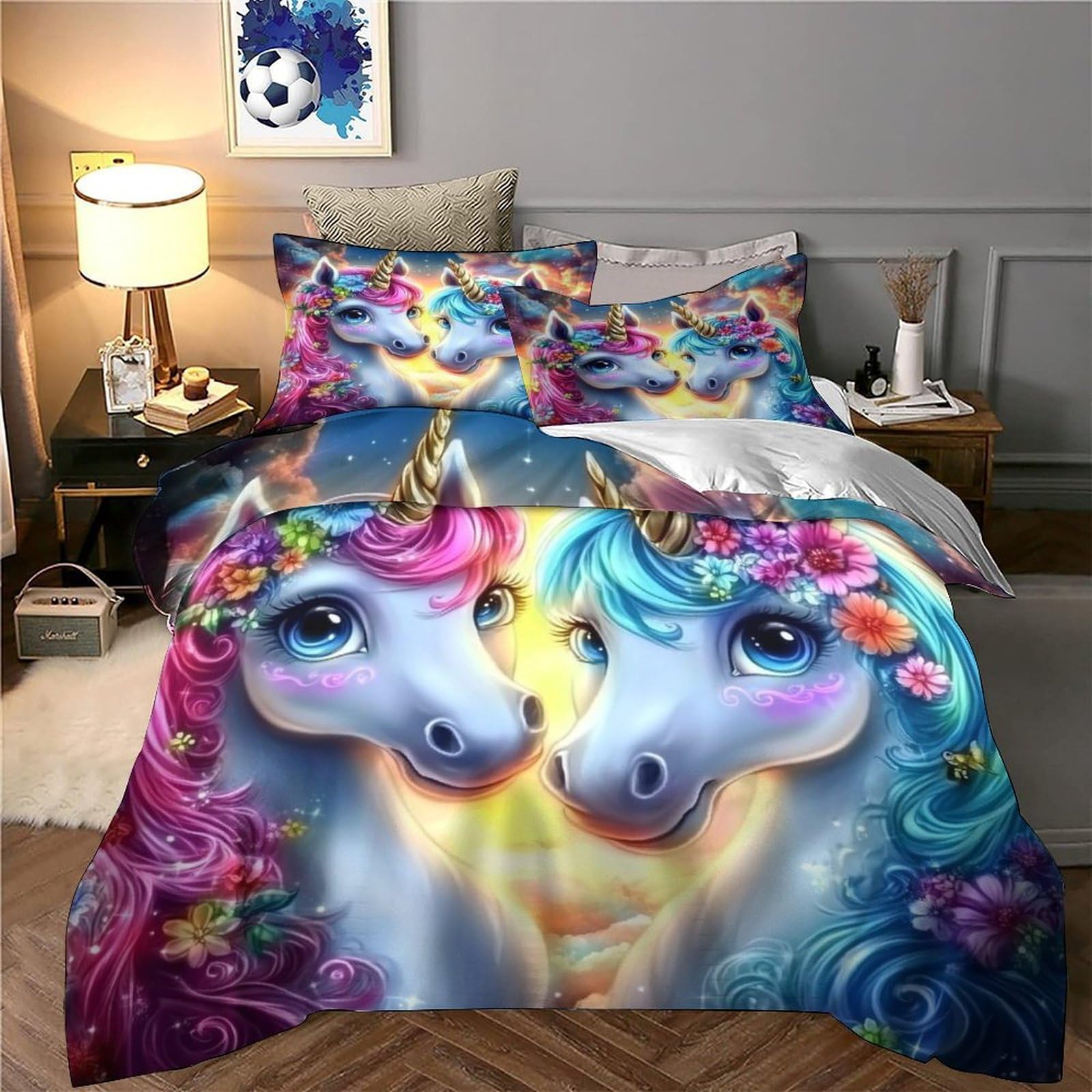 Einhorn-Pärchen 3D Bedruckt Deckenbezug 3teilig Mikrofaser leichtgewichtig Fantasie Deckenbezug 2 Kissenbezüge fleckenfest Kinder Jugendliche Super King（260x220cm）