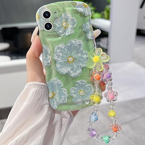 Miniatura 25 de para iPhone 13 Mini Funda rizada ondulada, linda funda protectora de pintura al óleo retro colorida con patrón de flores brillantes [con cadena de