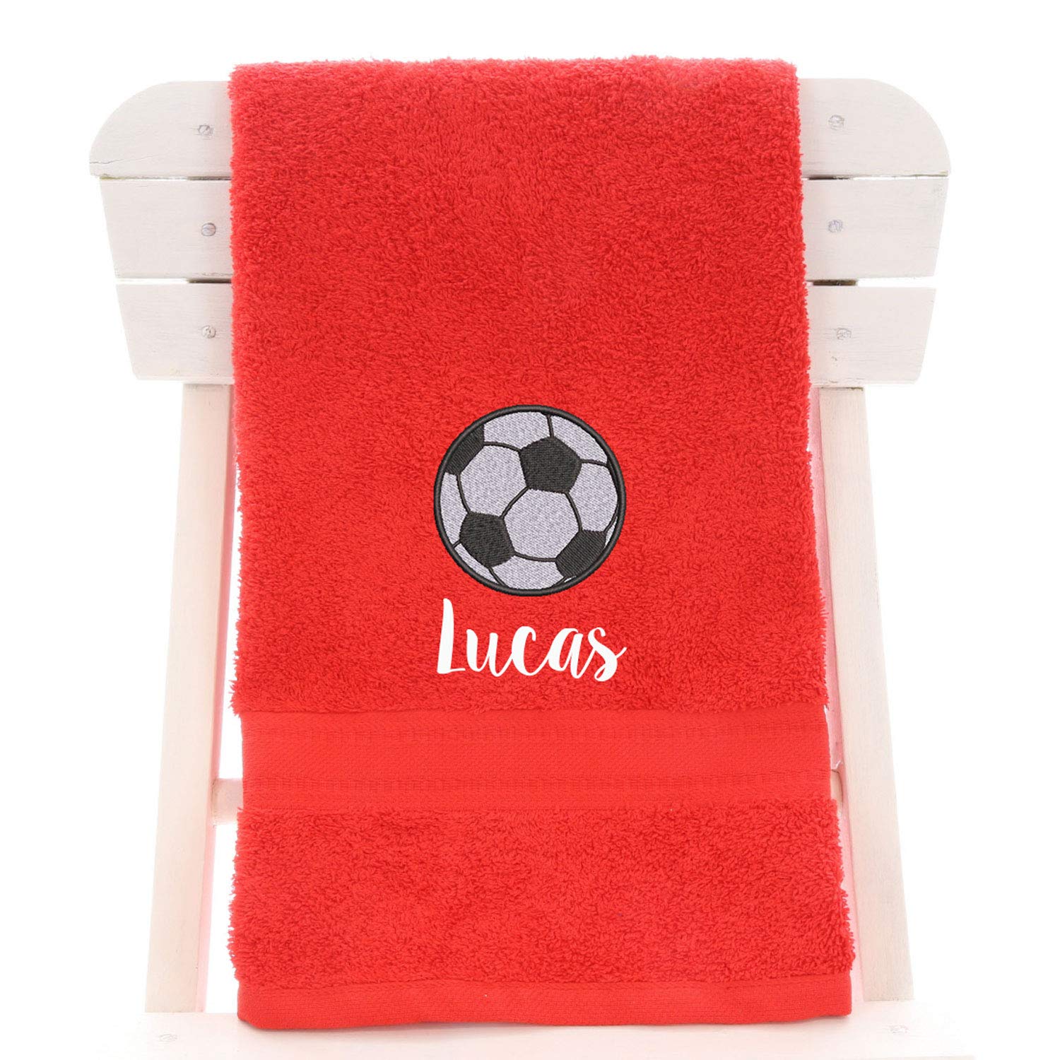 aztex Personalised Children's 100% Cotton Bath Towel with Football Logo & Name, 550gsm, 70cm x 130cm - Red