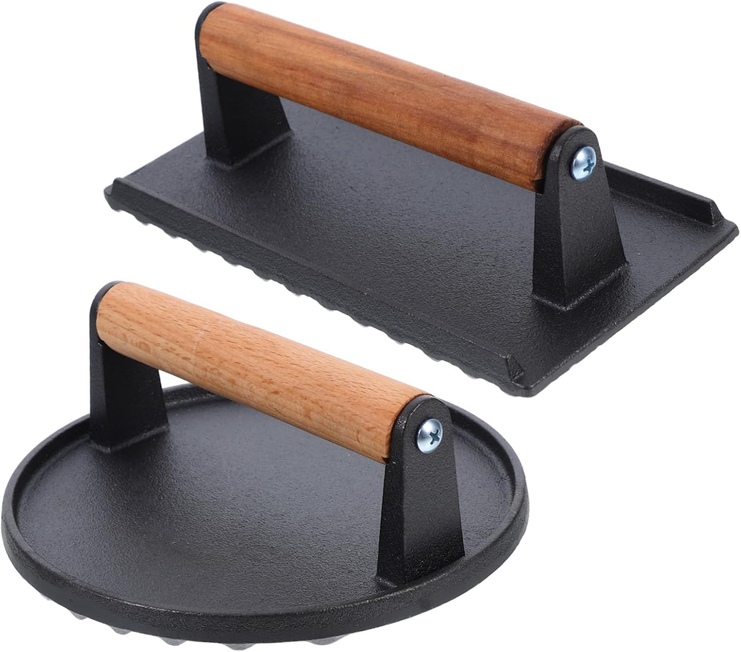 2pcs Cast Iron Meat Press Heavy Duty Hamburger Press with Wooden Handle for Griddle BBQ Tools for Steak Bacon Sandwiches Efficient Heat Distribution Durable Design