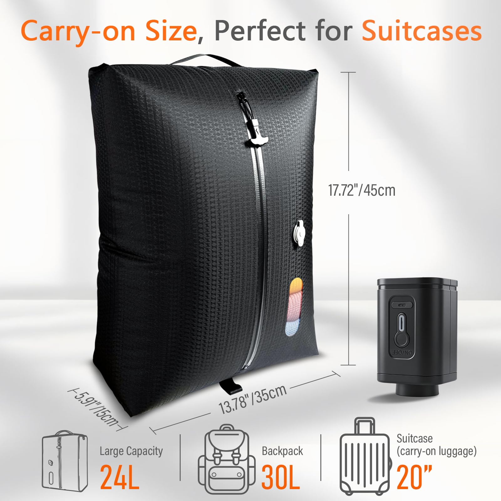 Vakuumbeutel für Kleidung Reise, Reise Vakuumbeutel mit Pumpe Kabelloser, 20 Zoll Handgepäck Vakuumbeutel, Vacuum Bags for Clothing Travel Mit Sichtfenster, Doppellagiges Gewebe,IP67 (2 Stück+ Pumpe)