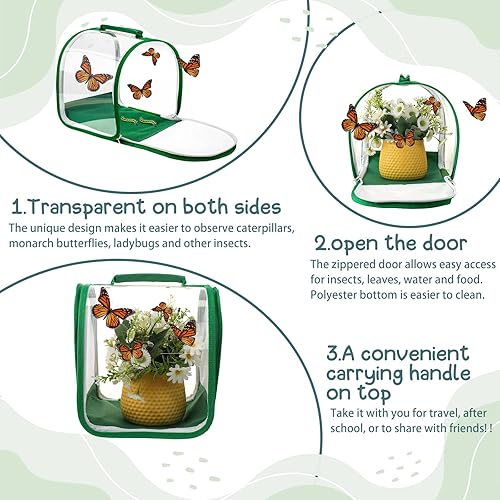 Miniatura 4 de 3 piezas de jaula pequeña de malla para insectos con asa de transporte para observar orugas, mariposas monarca, mariquitas y otros insectos, 8 x 8 x