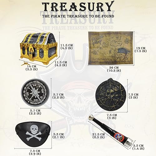 Miniatura 5 de Juego de 128 piezas de cofre del tesoro pirata con marco dorado para niños, juguetes de simulación pirata, incluye cofre de pirata, monedas de
