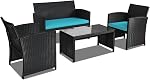 Goplus Ensemble de meubles pour patio de rotin 4 Pièces, canapé de conversation en osier extérieur et ensemble de table avec des coussins doux & Table à café en verre trempé pour jardin Balcon (Turquoise)