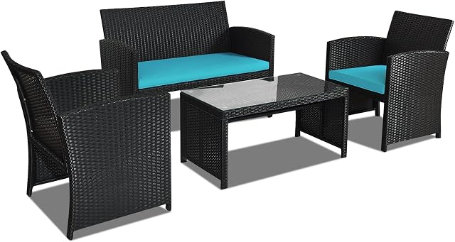 Goplus Ensemble de meubles pour patio de rotin 4 Pièces, canapé de conversation en osier extérieur et ensemble de table avec des coussins doux & Table à café en verre trempé pour jardin Balcon (Turquoise)