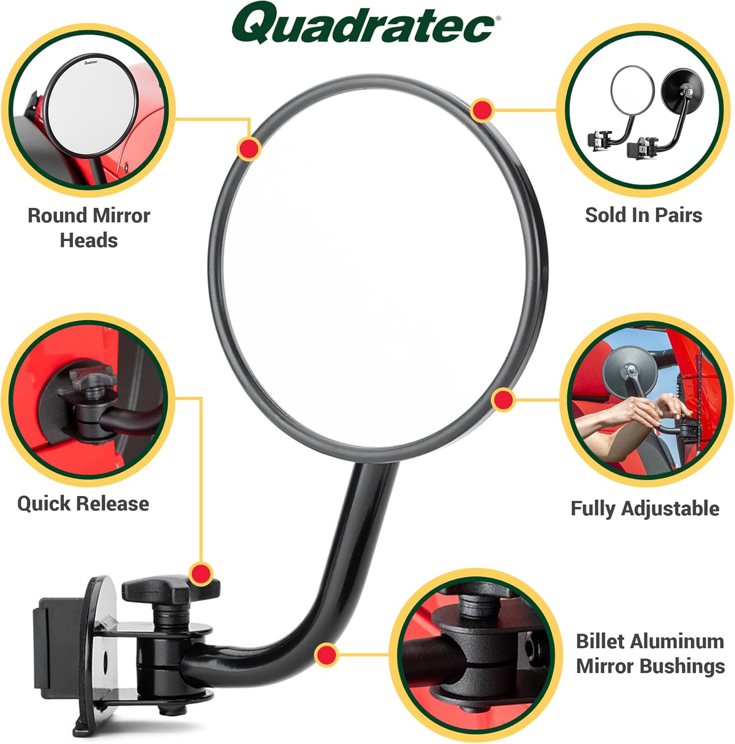 Quick Release Mirrors with Round Head - Fits Jeep Wrangler JL & Gladiator JT 2018-2023 - Solid Steel - "Doors Off" Driving Experience - Mounts To The "A" Pillar and Fully Adjustable - Sold In Pairs