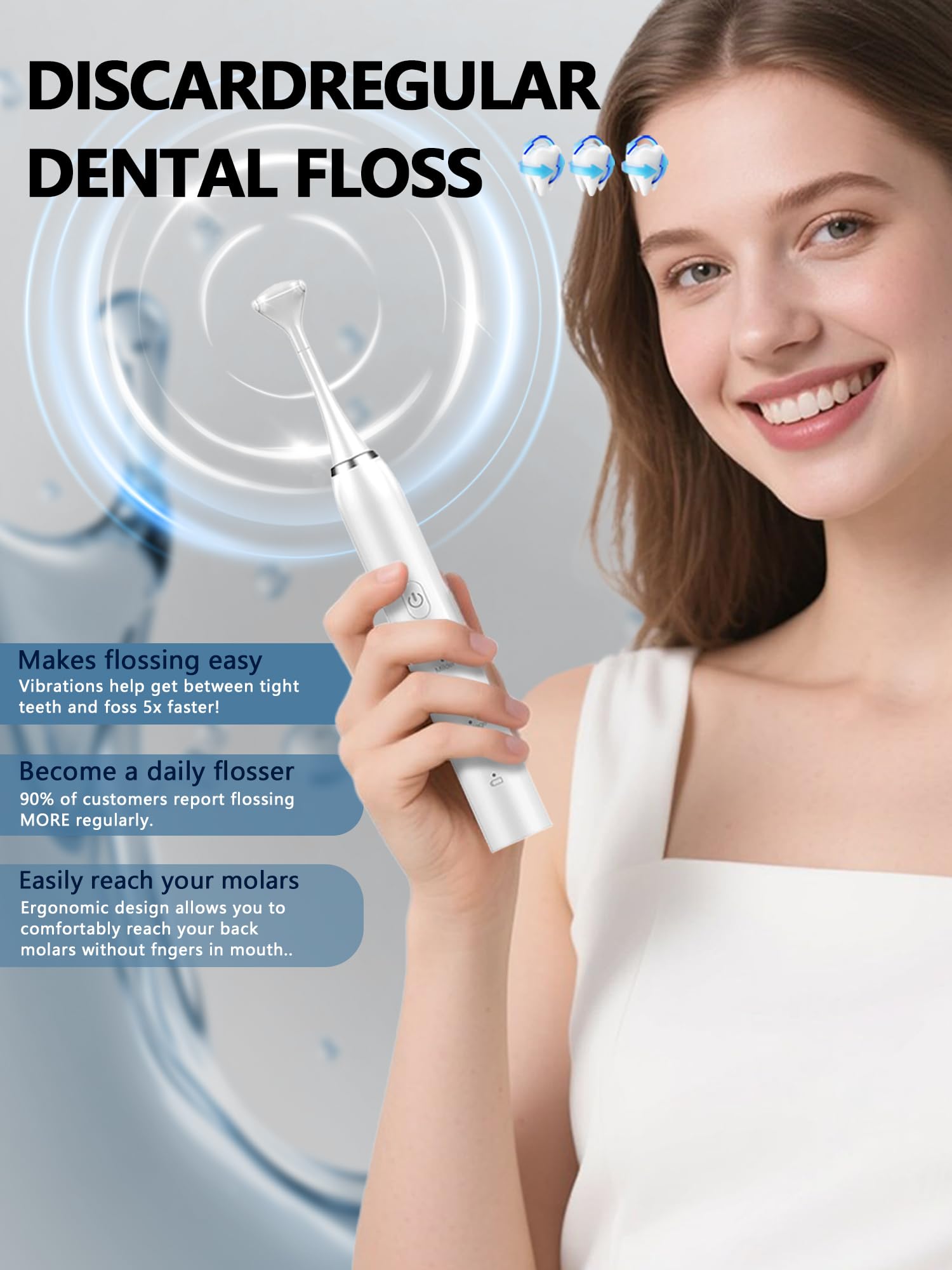 Hilo dental eléctrico para dientes, hilo dental eléctrico con 50 cabezales de repuesto, 4 modos de limpieza, hilo dental fácil de deslizar para un cuidado suave de las encías, hilo dental recargable y