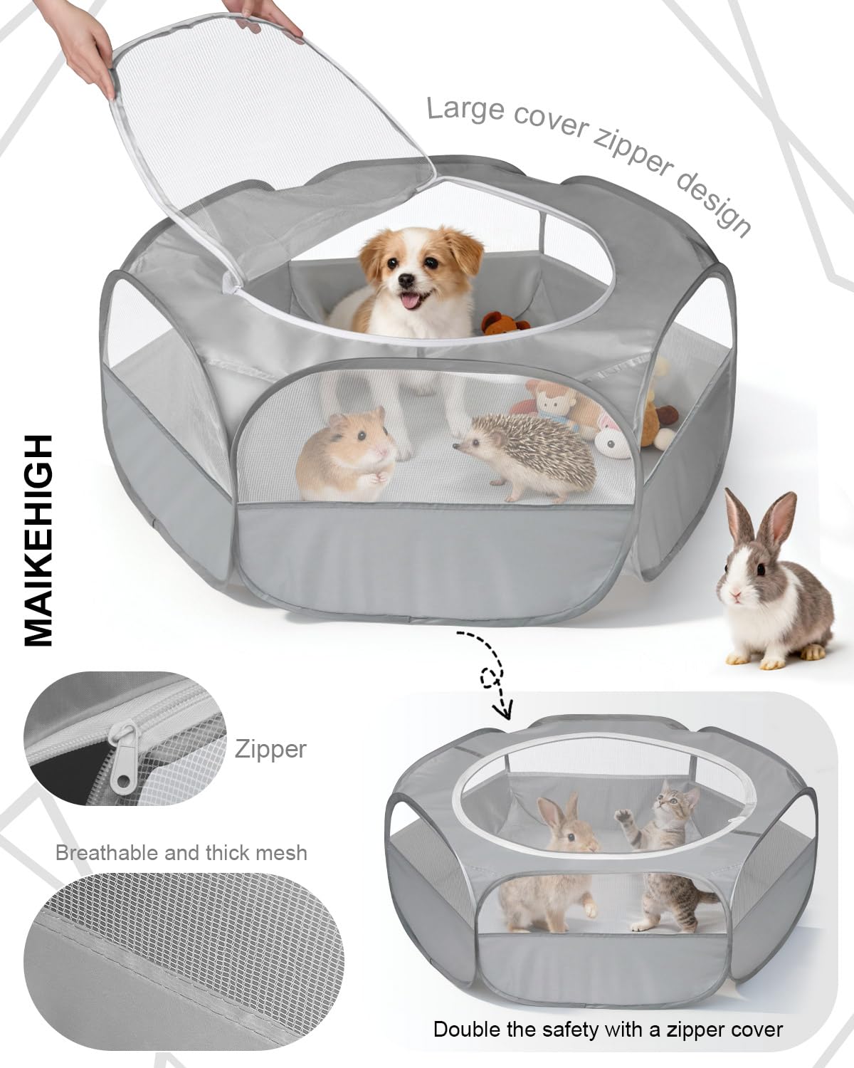 MAIKEHIGH Parque de Animales Pequeños, Impermeable Transpirable Ejercicio de la Portátil Tienda Animal Doméstico con Cubierta Cremallera de Indias Conejos Hámster Chinchillas Erizos (Gris)