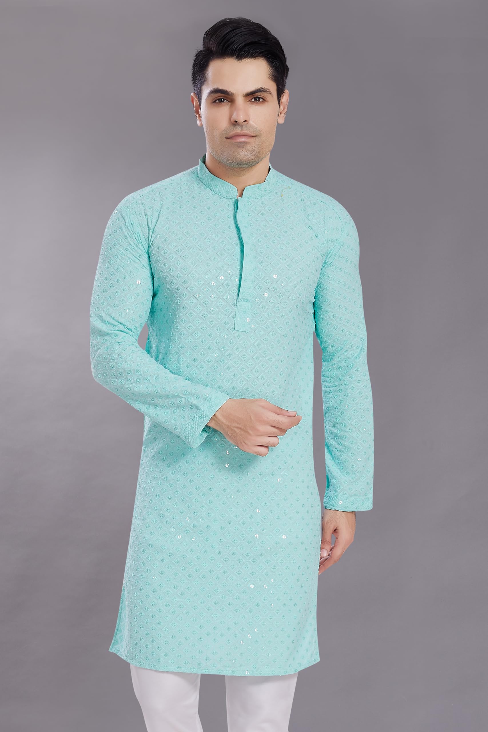 Divisive Men's Sequince Embroidered Cotton Blend Only Slim Fit Kurta (Dkrt521_S_Sky)