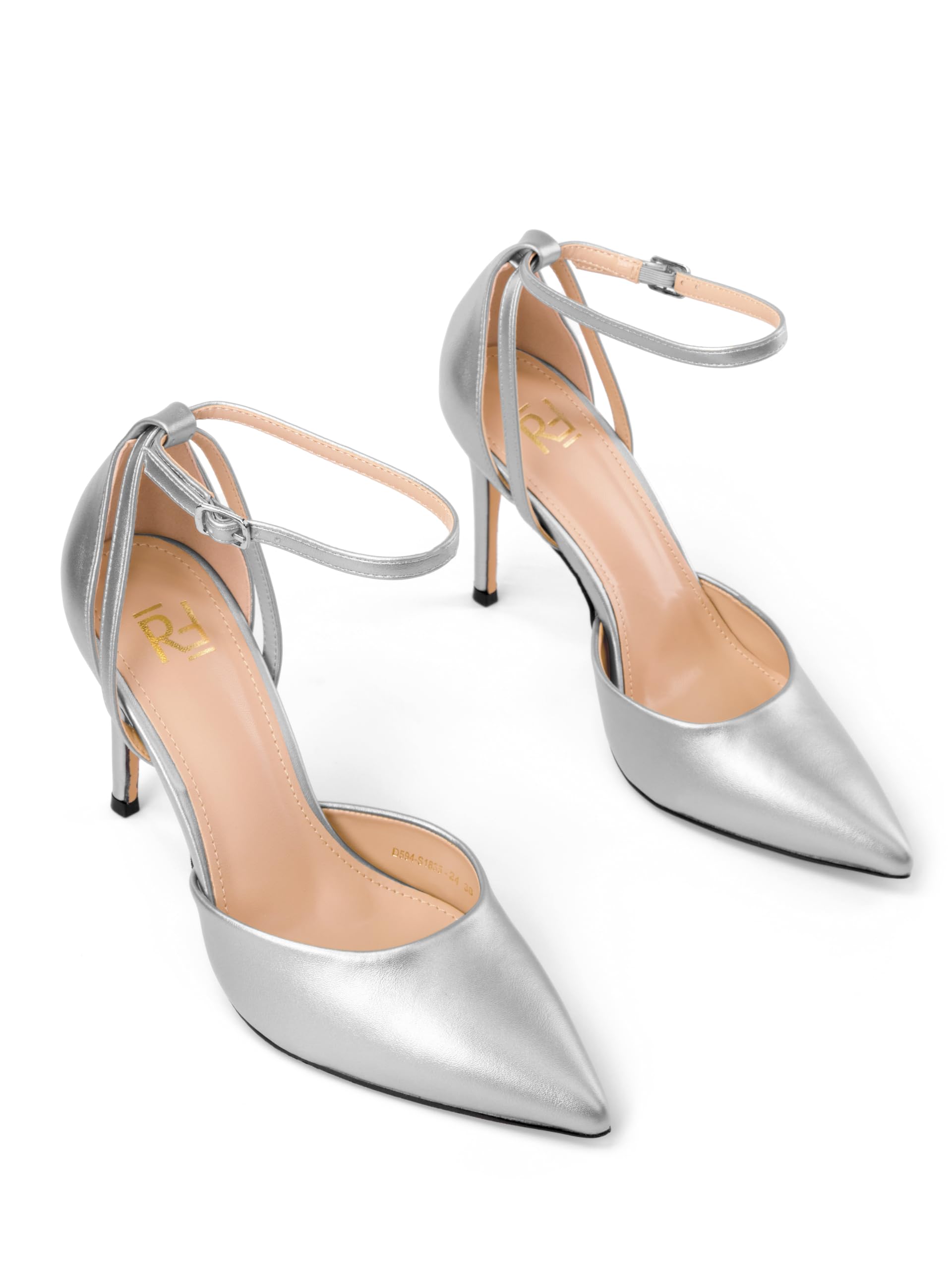 Scarpe con Tacco, Decollete con Tacco a Spillo, Argento/Bianco/Beige/Nero, 8.5 cm, Ecopelle Verniciata, High Heels, Décolleté a Punta, Cinturino alla Caviglia, 8194