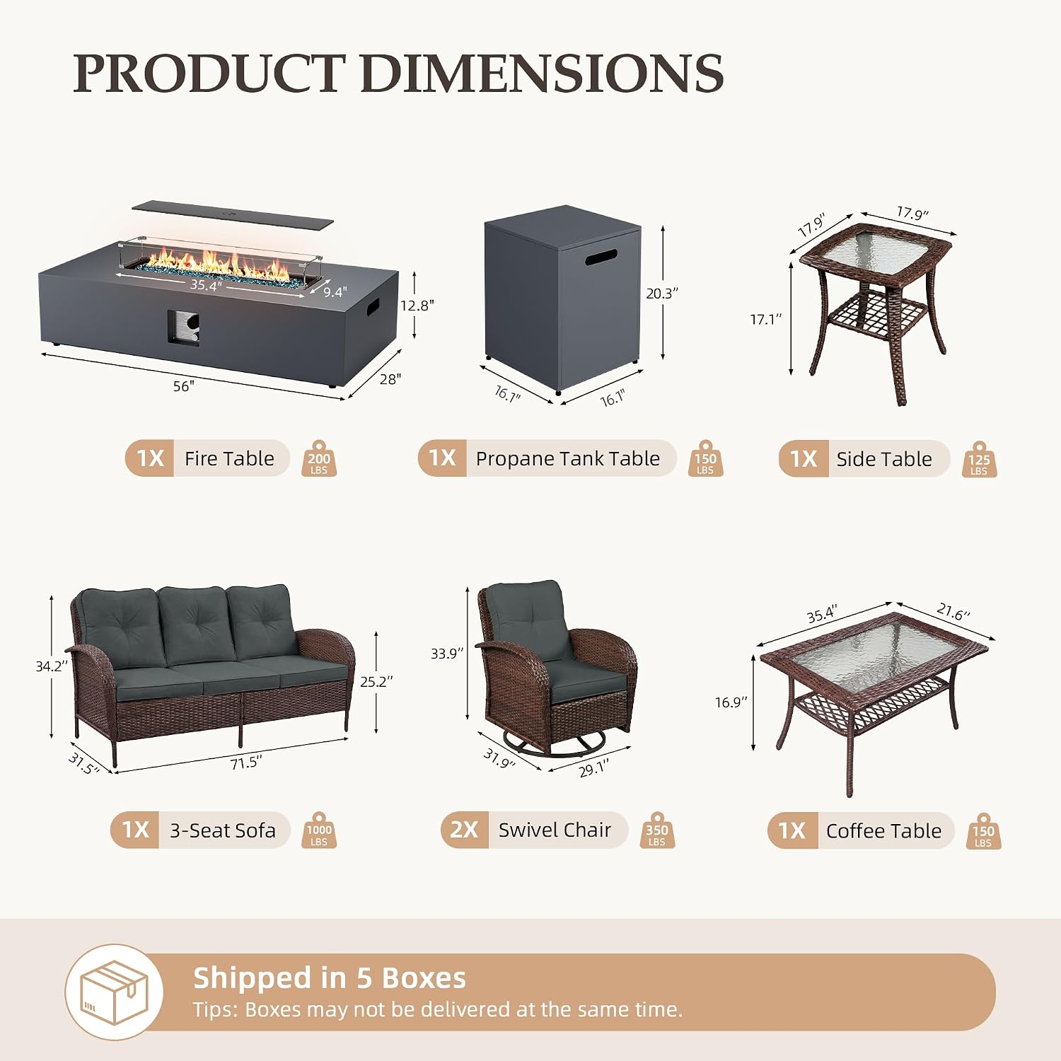 UPHA 7 Pieces Patio Furniture Set with Fire Pit Table, High Back Wicker Outdoor 3-Seat Sofa Set with Swivel Chairs for Deck Backyard Garden, Brown Rattan, Gray Cushion