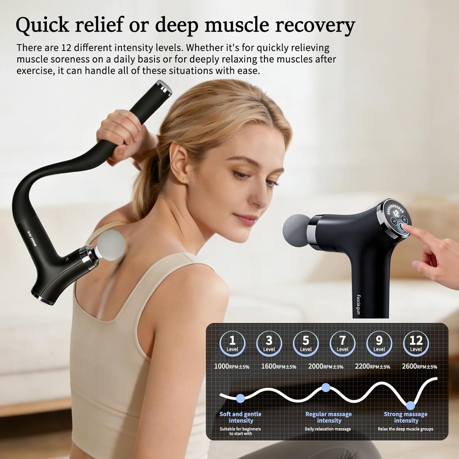 Sfozstra Deep Tissue Massage Gun: Handheld Electric Percussion Muscle Massager with 12-Speed Intelligent Feedback System & AI-Powered Response - Detachable Extended Handle for Back Leg Pain Relief