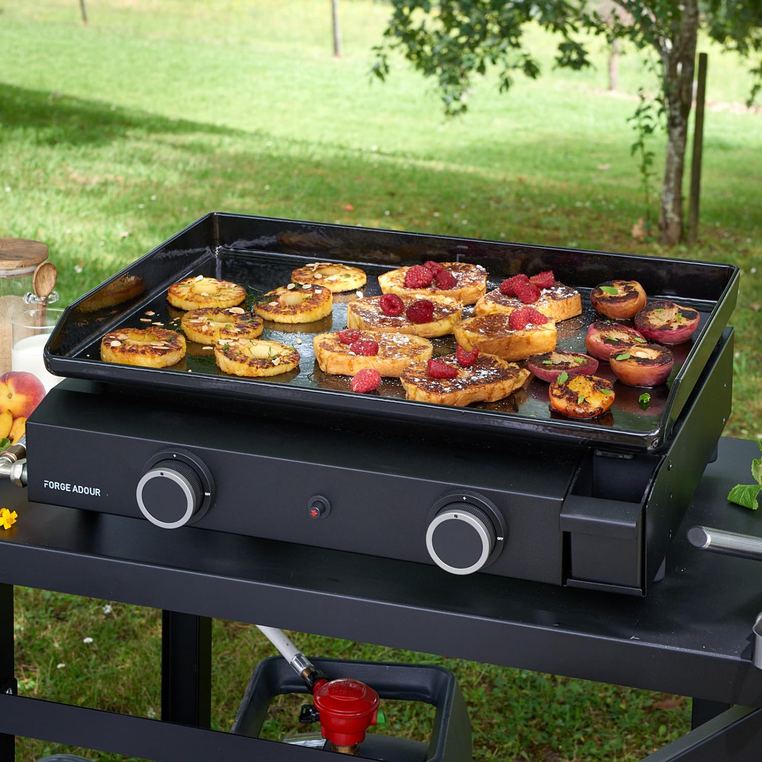 Forge Adour – Plancha Gaz Extérieure 60 cm Acier Noir, Plaque cuisson Fonte Émaillée Anti-adhésive, 2 Brûleurs 5000W, Plancha Gaz Extérieur 8 à 10 Convives, Châssis Acier Noir, Garantie 5 Ans