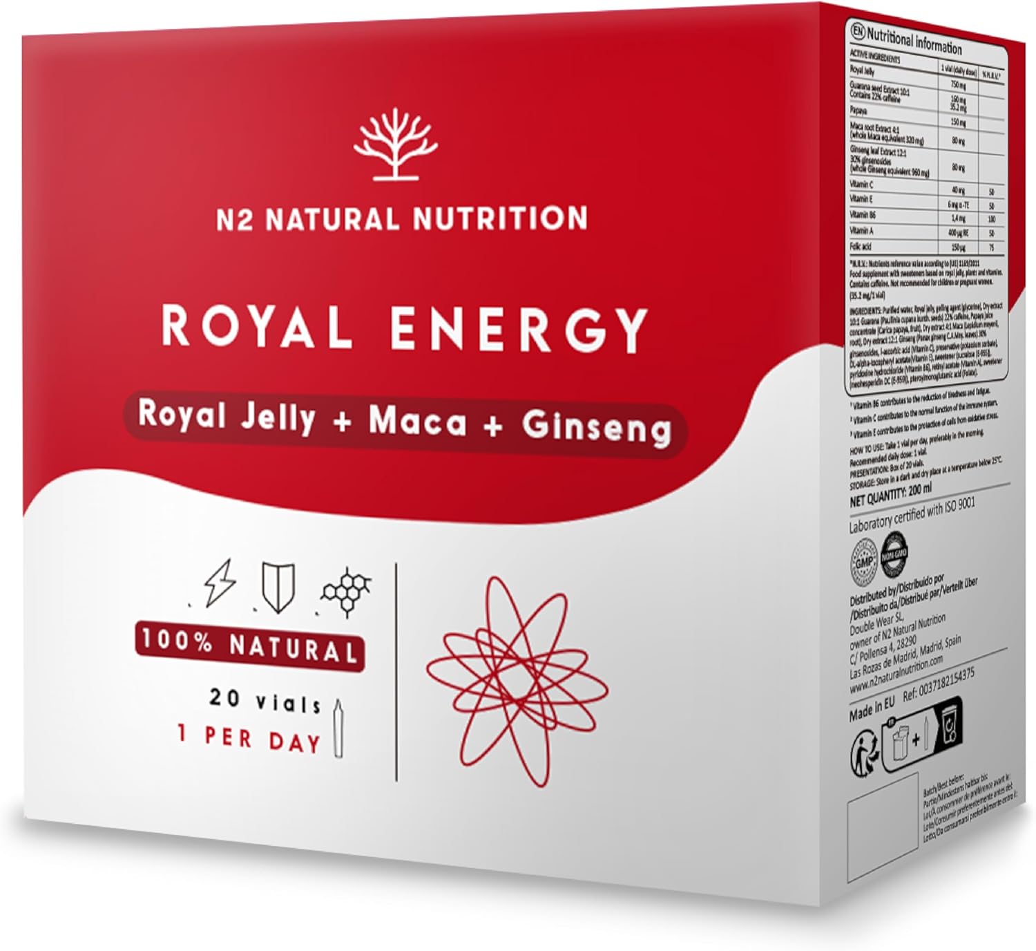 Royal Jelly, Maca Root and Ginseng. Energy Boost. Vitamin C to Strengthen The Immune System. Combats Fatigue and Boosts Physical Performance. Orange Flavor. 20 Vials. N2 Natural Nutrition